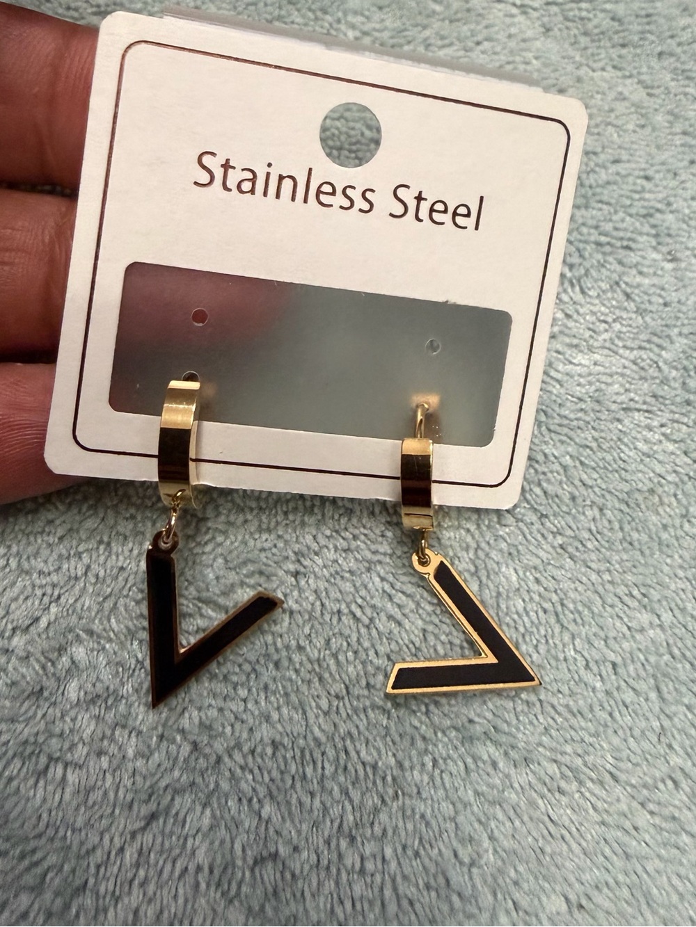 Stainless Steel Gold & Black V Drop Hoop Earrings